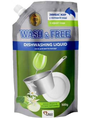 Wash & Free Prostriedok na umývanie riadu Zelené Jablko s extraktom z plesnivca alpského náplň 500g
