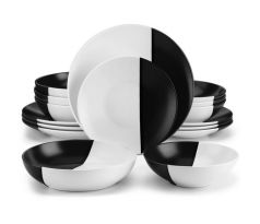 ACCEL Black & White 16 dielna kameninová jedálenská sada tanierov s miskami