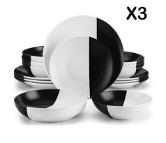 ACCEL Black & White 48 dielna kameninová jedálenská sada tanierov s miskami