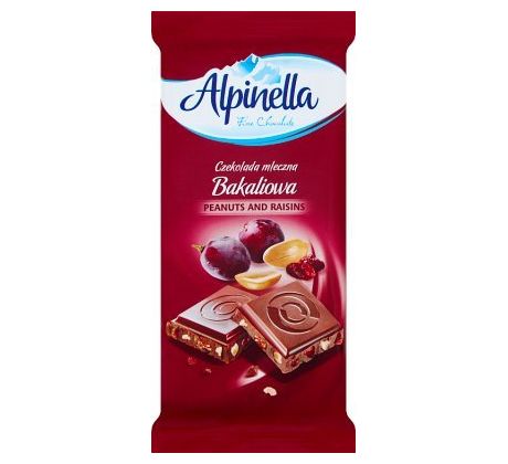 Alpinella Mliečna čokoláda s arašidami a hrozienkami 90g