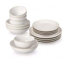 LYDIA Antique White Vintage Textured Dots 16-dielna jedálenská kameninová sada