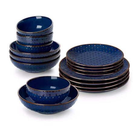 LYDIA Starry Blue Textured Dots 16-dielna jedálenská kameninová sada