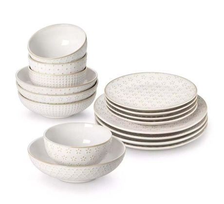 LYDIA Antique White Mixed Motif 16-dielna jedálenská kameninová sada