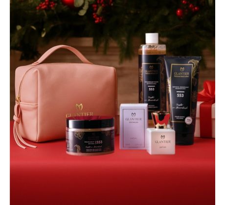 Glantier Exclusive Premium 553 Parfum dámsky 50ml + Telový peeling 300g + Sprchový olej 400 ml + Telové mlieko 200 ml + kozmetická taška darčeková sada