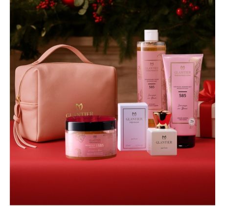 Glantier Exclusive Premium 585 Parfum dámsky 50ml + Telový peeling 300g + Sprchový olej 400 ml + Telové mlieko 200 ml + kozmetická taška darčeková sada