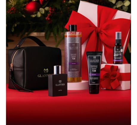 Glantier Exclusive Premium 728 Parfum pánsky 50ml + Krém na ruky 75 ml + Sprchový olej 400 ml + Olej na bradu a fúzy 30 ml + kozmetická taška darčeková sada