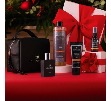 Glantier Exclusive Premium 759 Parfum pánsky 50ml + Krém na ruky 75 ml + Sprchový olej 400 ml + Olej na bradu a fúzy 30 ml + kozmetická taška darčeková sada