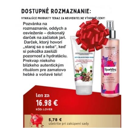 LOVE8 Telový sprej Sparkling Rose 200 ml + Anticelulitídny krém s kávou a zeleným čajom 200 ml darčeková sada