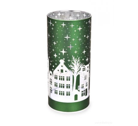 Zimné mestečko svietnik s LED osvetlením matný zelený 15 cm
