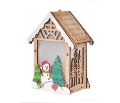 Svietiaci zimný domček Drevená dekorácia so snehuliakom a LED svetlom 14 cm